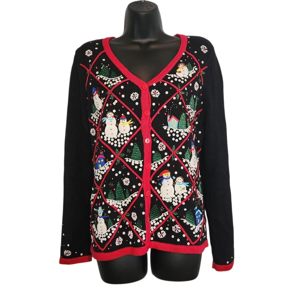 Kim Rogers snow scene snowman holiday sweater cardigan black size S